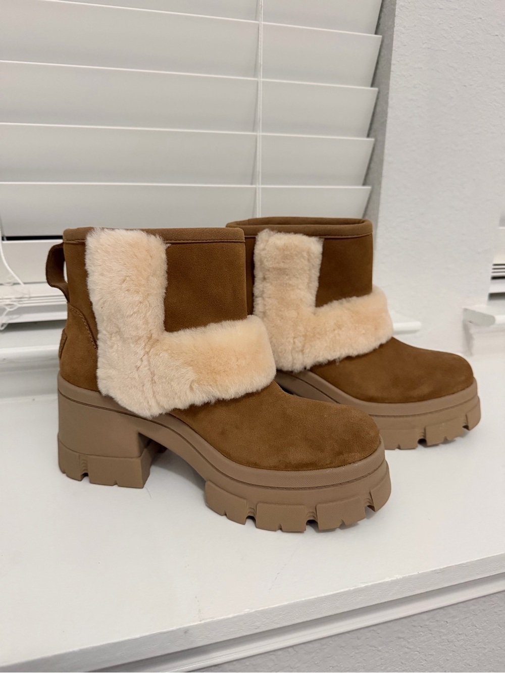 UGG Chestnut Suede Shearling-Trim Chunky Heel Ankle Boots - Picture 3 of 5